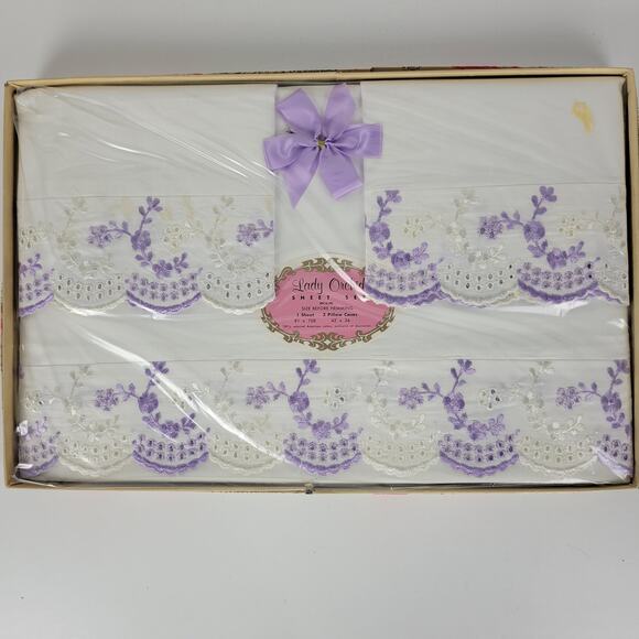 VTG Sheet Set Lilac Floral Embroidered Eyelet‎ Cotton Lady Orchid NEW Old Stock - Picture 13 of 16